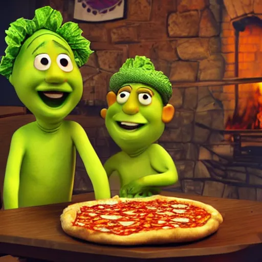 Image similar to cabbage character and king with crown, cooking pizza in a wood fired oven, highly detailed 3 d render, funny, pixar