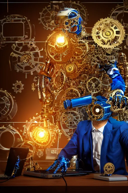 Prompt: portrait photo of a huge golden and blue metal humanoid steampunk robot businessman with gears and tubes, robot is sitting in an office, on the table is a pile dollarbudles, eyes are glowing red lightbulbs, shiny crisp finish, 3 d render, 8 k, insaneley detailed, fluorescent colors, background is multicolored lasershow