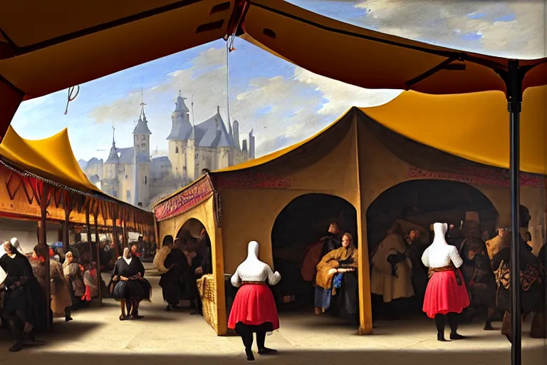 Image similar to The detailed tent of a medieval market, between the products being sold are mobile phones, ear phones, laptops, and other devices!! Some people walking around, close-up, big depth of field, matte painting, trending on artstation, hyper detailed, sharp, baroque painting, painted by Velazquez