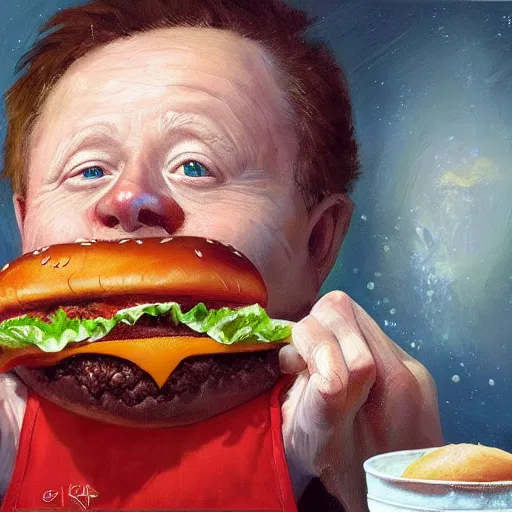 Prompt: portrait of mickey rooney eating giant hamburgers, extra bacon lettuce and tomatoes, an oil painting by ross tran and thomas kincade