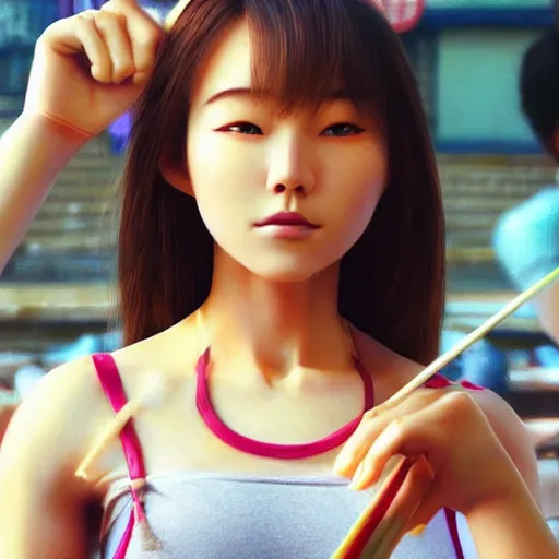 Image similar to a korean bodybuilder college student, eating ramen, bokeh, beautiful face!!!!, 2 3 years old, cg animation, lifelike, animated, realistic, character select portrait, by artgerm, greg rutkowski, alphonse mucha, 3 d