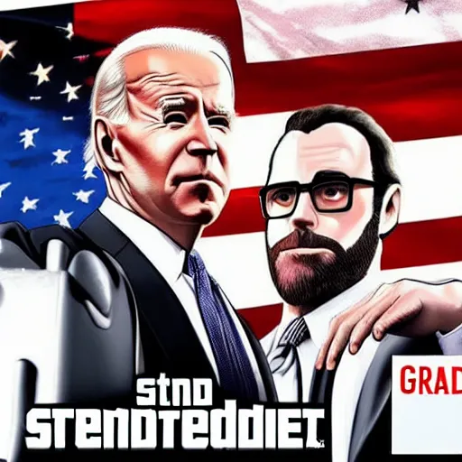 Image similar to joe biden and seth rogan in the style of grand theft auto v cover art