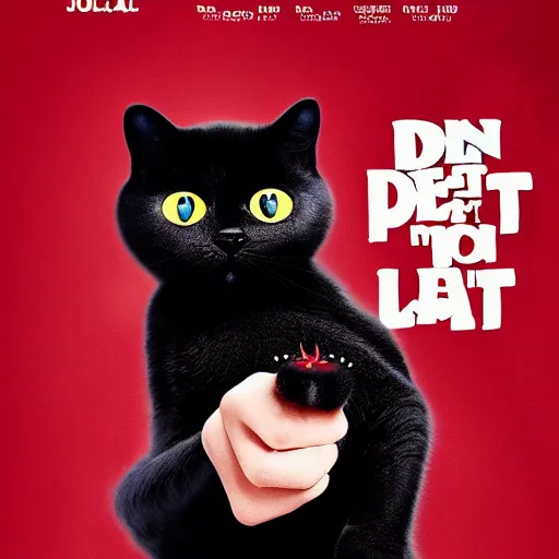 Prompt: promotional poster for Jordan Peele movie titled Don't Pet My Cat, black cat holding severed human finger, blood splatter, dark misty background, ultra realistic