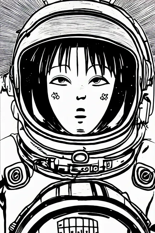 Prompt: manga portrait of a woman wearing a astronaut suit, akira toriyama, lineart, black and white, scifi, big clouds visible in the background, stars in the sky, high contrast, deep black tones