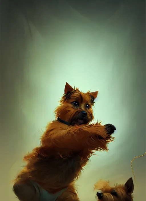 Image similar to norwich terrier as an kung fu master, backround dark, highly detailed, digital illustration, trending in artstation, modern painting, smooth, sharp focus, intricate, by peter mohrbacher