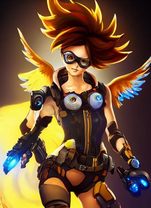 Image similar to full body oil painting of tracer overwatch in the style of mark brooks, angel wings, dramatic painting, symmetrical composition, wearing gold detailed choker, angelic, lights, flowers, heavenly, bright, detailed face,