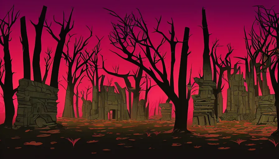 Image similar to alien ruins between towering red trees, dark, vector style drawing