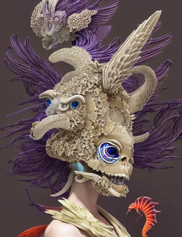 Image similar to 3 d goddess close - up profile solarpunk portrait ram skull. beautiful intricately detailed japanese crow kitsune mask and clasical japanese kimono. betta fish, jellyfish phoenix, bio luminescent, plasma, ice, water, wind, creature, artwork by tooth wu and wlop and beeple and greg rutkowski