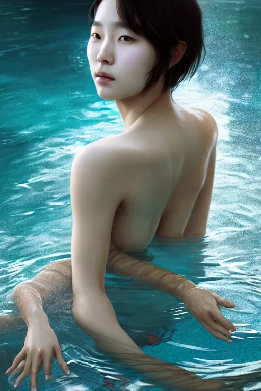 Image similar to beautiful half body portrait of hoyeon jung, face emerging from pool of water with high detail, 8 k, stunning detail, photo by artgerm, greg rutkowski and alphonse mucha, unreal engine 5, 4 k uhd