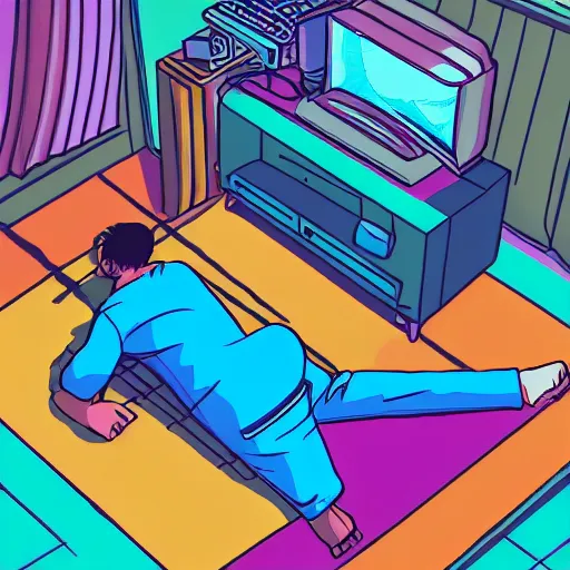 Image similar to aerial view photo of a guy laying on the floor of his bedroom looking at the camera, synthwave colors, computer, cell phone, video games, tv, knick knacks, faded effect, scribble anime, light, bright, no shadows, by moebius