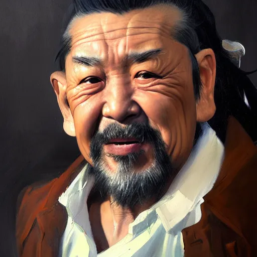 Prompt: Greg Manchess portrait painting of a chinese 60 year old character, soul patch, facial tattoo, long hair, medium shot, asymmetrical, profile picture, Organic Painting, sunset dark dramatic, matte painting, bold shapes, hard edges, street art, trending on artstation, by Huang Guangjian and Gil Elvgren and Sachin Teng