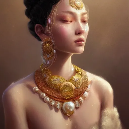 Image similar to a beautiful portrait of a pearl goddess with glittering skin by greg rutkowski and raymond swanland, trending on artstation, ultra realistic digital art