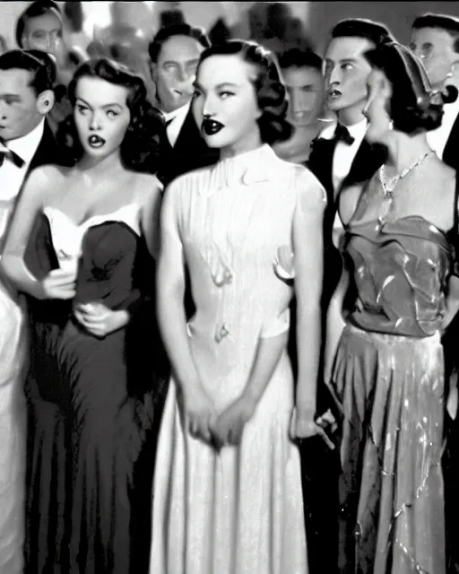 Prompt: the image is a lost hollywood film still 1 9 4 0 s photograph of a woman with ebony skin, long hair, and silver - colored eyes attending a wedding banquet, and she stands out from the other guests with her exquisite attire and poise. vibrant cinematography, anamorphic lenses, crisp, detailed image in 4 k resolution.