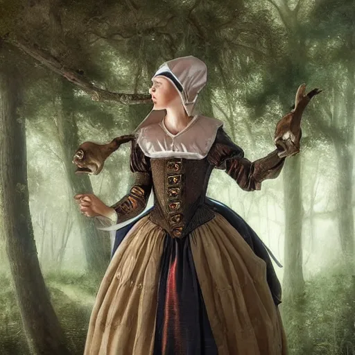 Image similar to A masterpiece portrait of a Incredibly beautiful queer maid barique renaissance swamp nun girl hunting on deer with russian greyhound medium shot, intricate, elegant, highly detailed. trending on artstation, digital art, by Stanley Artgerm Lau, WLOP, Rossdraws, James Jean, Andrei Riabovitchev, Marc Simonetti, Yoshitaka Amano. background by James Jean and Gustav Klimt, light by Julie Bell, 4k, porcelain skin. Studio Ghibli