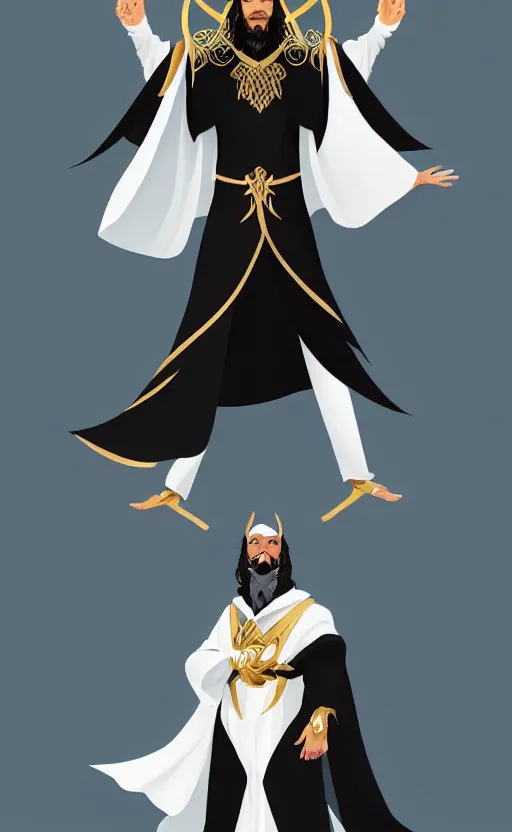Image similar to raven headed male warlock doing wind magic, white and gold robes, exquisite details, full body character design on a white background, by studio muti
