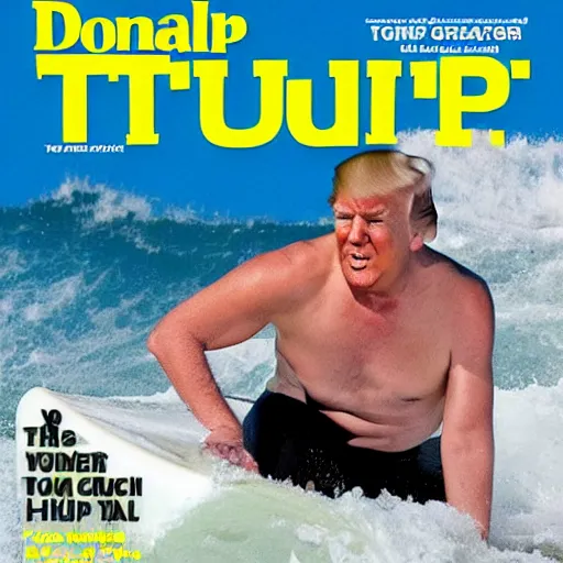 Image similar to donald trump catching a wave, cover of surfer magazine, july 2 0 1 1