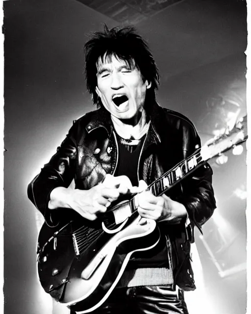 Image similar to sixty years old viktor tsoi with guitar in his hands, leather jacket, photo, microphone, rock concert, black and white, iso 9 0 0, 3 5 mm, kodak gold