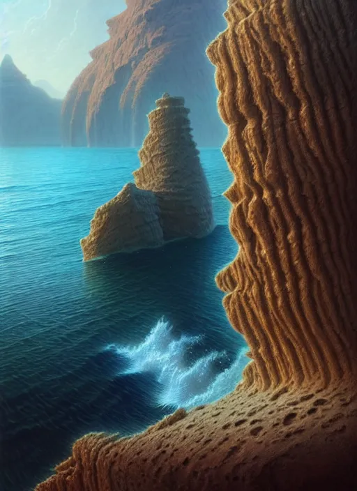 Prompt: a hyper - detailed 3 d render of the aquatic - cliffs of the great sand sea, surrealism!!!!! surreal concept art, lifelike, photorealistic, digital painting, aesthetic, smooth, sharp focus, artstation hd, by greg rutkowski, bruce pennington, valentina remenar and asher duran,