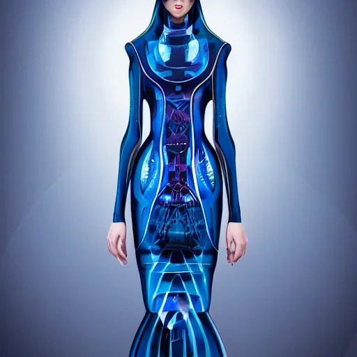 Image similar to a beautiful woman wearing a futuristic dress by alexander mcqueen, thom browne, junya watanabe, artgerm, arabian beauty, blue eyes, smile, futuristic, organic dress, pattern, concept art, fantasy