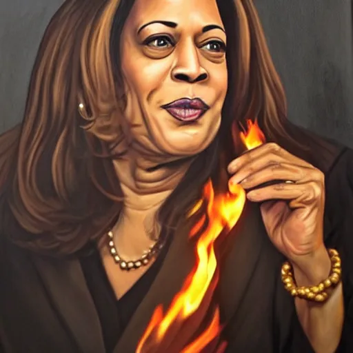 Prompt: breathtaking detailed art portrait painting of kamala harris as a evil witch casting fire spell on the whitehouse