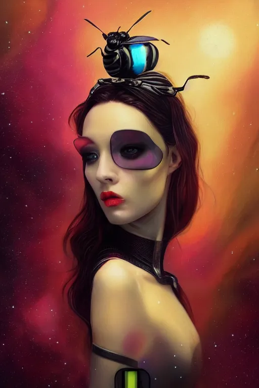 Prompt: portrait of an elegant alien bee woman queen, straight on portrait, by artgerm, tom bagshaw, gerald brom, vaporwave colors, lo - fi colors, vaporwave, lo - fi, moody vibe, goth vibe, 4 k, hd,