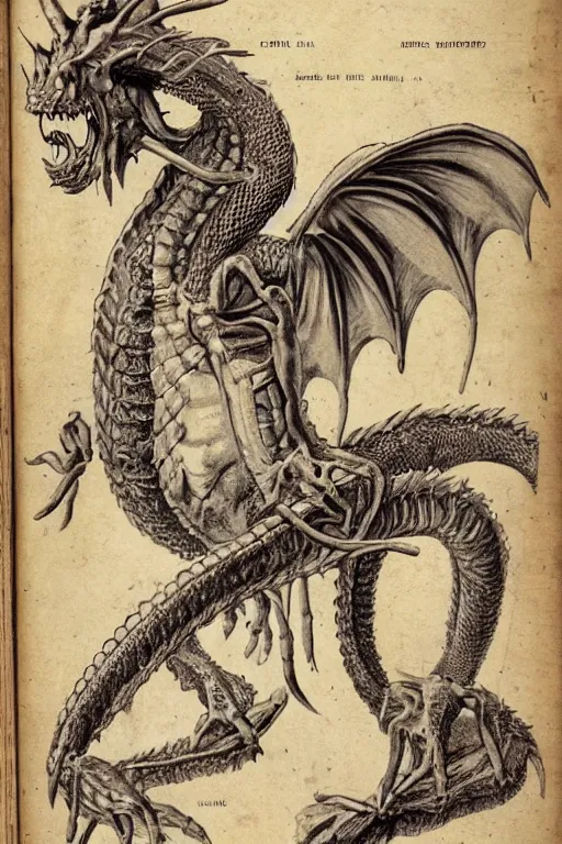 Image similar to ancient!!! anatomy manual!! of dragons!, high quality, romantic era, 1 9 th century