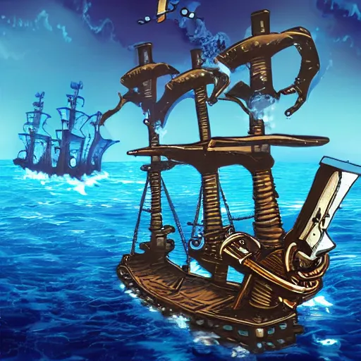 Image similar to A robot navigating an old pirate ship on the ocean, fantasy style