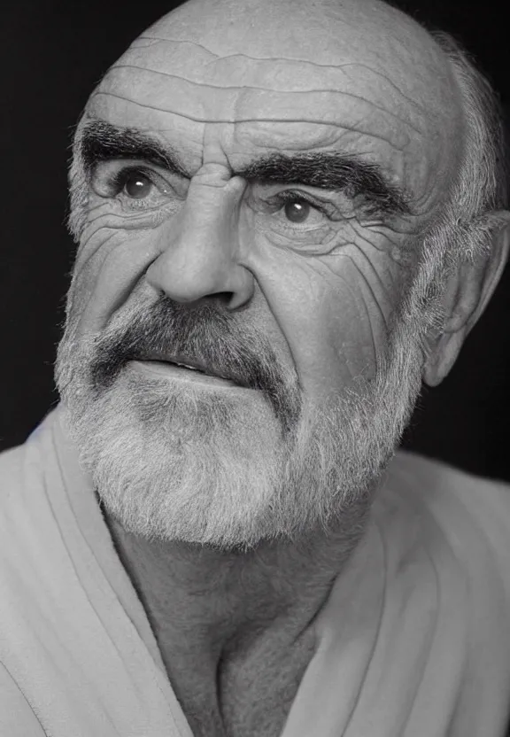 Image similar to The full figure studio portrait is of the actor sean connery. His skin is pale and wrinkled, his eyes are red rimmed and sunken. He is wearing the robes of the imperial emperor from star wars above the red leather mankini from the film zardoz and He has a thick black moustache and a long plait of hair. by Mark Mann and Steve McCurry. Nikon D850. Sigma 85mm F1.4 DG HSM A. Aperture f/3.5. Shutter speed 1/60. ISO 1600