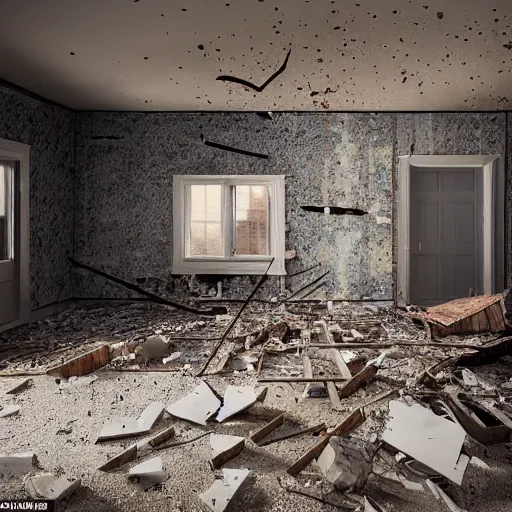 Image similar to inside view of a typical suburban house that is exploding outward onto the street, splintered wood, plaster, flying debris very cinematic photorealism