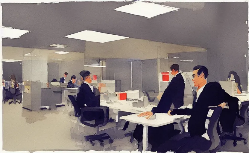 Image similar to concept art of a modern office life, pinterest, artstation trending, behance, watercolor, by coby whitmore *, silver, laser light *,