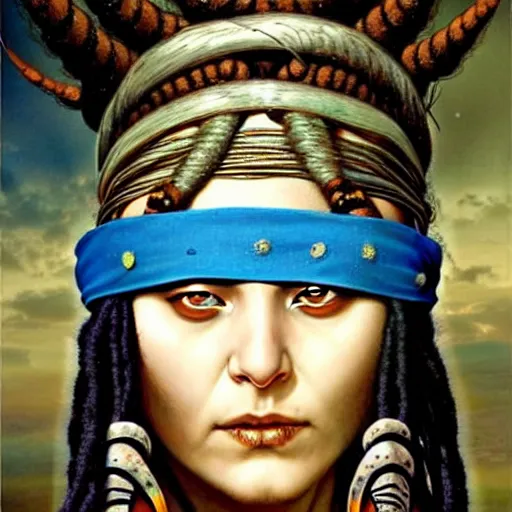 Image similar to A young blindfolded shaman woman with a decorated headband, in the style of heilung, blue hair dreadlocks and wood on her head., made by karol bak