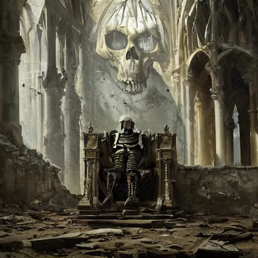 Prompt: Skeleton wearing ragged clothes and a plate armour resting on a throne inside a ruined cathedral, oil painting, by Greg Rutkowski