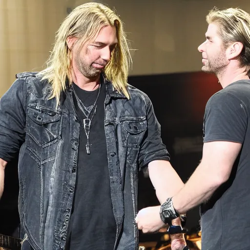 Image similar to chad robert kroeger of nickelback looking at what is on joey's head