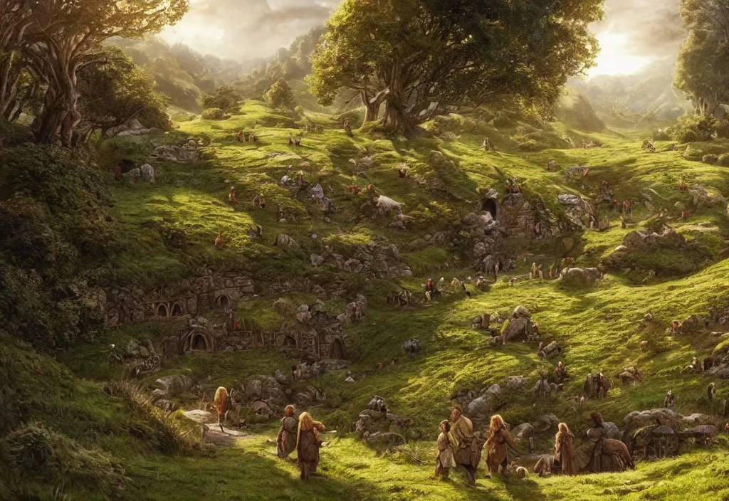 Image similar to hobbits in the shire scenery landscape, lord of the rings, highly detailed, perfect lighting, perfect composition, 4 k, artgerm, derek zabrocki, greg rutkowski