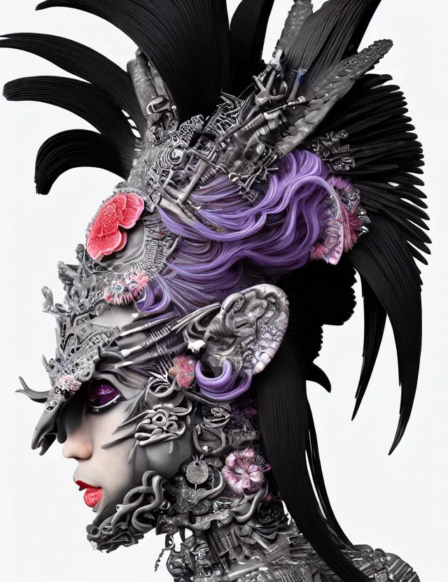 Image similar to 3 d goddess close - up profile portrait punk with mohawk with ram skull. beautiful intricately detailed japanese crow kitsune mask and clasical japanese kimono. betta fish, jellyfish phoenix, bio luminescent, plasma, ice, water, wind, creature, artwork by tooth wu and wlop and beeple and greg rutkowski