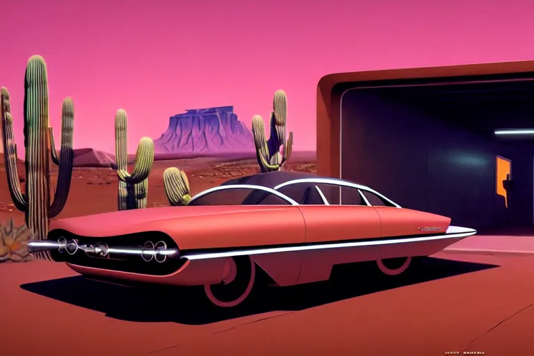 Image similar to a cinematic matte painting of a sleek 1 9 6 0 s vaporwave retro - futurism sci - fi car in a cluttered garage in the american southwest. cactus. by eric lafforgue, glennray tutor and edward hopper, greg rutkowski. trending on artstation.