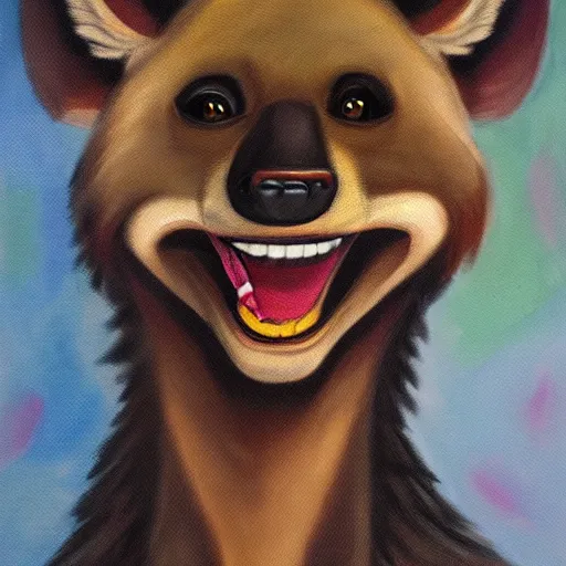 Image similar to painted portrait of an anthropomorphic hyena smiling, cartoon style