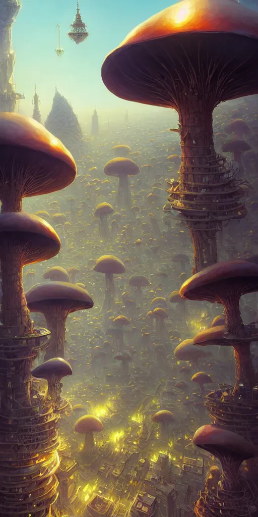 Image similar to a city built on a giant mushroom, unreal engine, fantasy art by greg rutkowski, loish, rhads, ferdinand knab, makoto shinkai and lois van baarle, ilya kuvshinov, rossdraws, tom bagshaw, global illumination, soft light, detailed and intricate environment