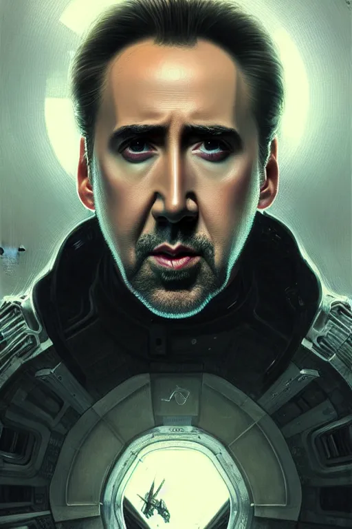 Image similar to nicolas cage mechanical android!, half portrait, intricate detailed environment, photorealistic!, intricate, elegant, highly detailed, digital painting, artstation, concept art, smooth, sharp focus, illustration, art by artgerm and greg rutkowski and alphonse mucha