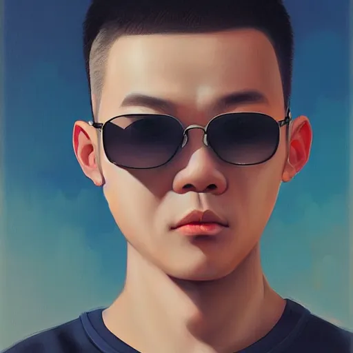 Image similar to chinese boy wearing shades with buzzcut, oil painting, artgerm, portrait, highly detailed, artstation