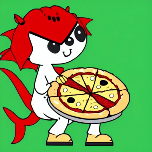 Image similar to A cute cartoon dragon eating pizza