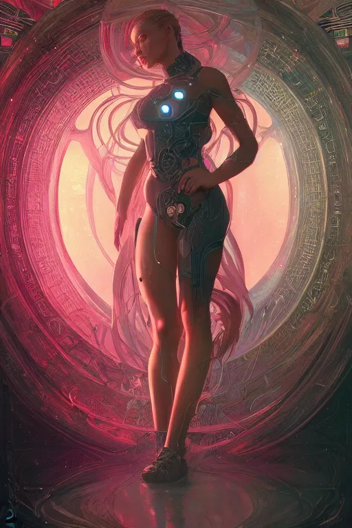 Image similar to full body portrait of a girl, sci fi, synthwave, cyberpunk, intricate, elegant, highly detailed, digital painting, artstation, concept art, smooth, sharp focus, illustration, art by artgerm and greg rutkowski and alphonse mucha