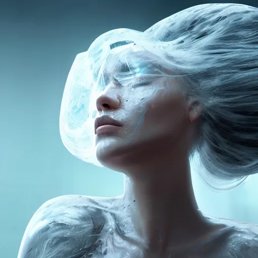 Image similar to a highly detailed digital image of a shattering futuristic woman elegantly wrapped in a cloud, by Andrea Chiampo, artstation and Frederik Heyman, extremely detailed woman, stunning volumetric lighting, hyper realism, fantasy 4k