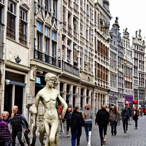 Prompt: an entire shopping street in brussels filled with stone statues instead of people