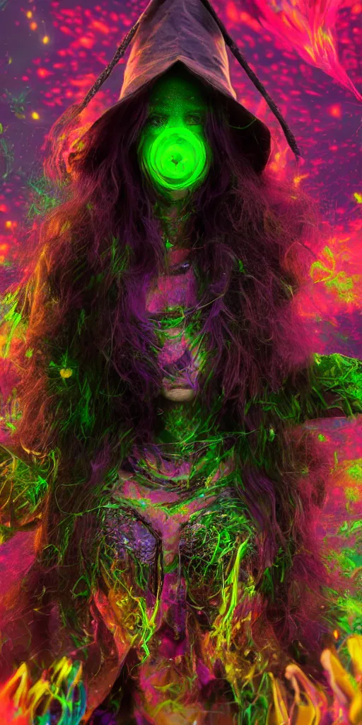 Image similar to impossibly beautiful witch using magic to hypnotize enemies, summer camp, complexity, horror, psychedelic glitch art, rainbow drip paint, trending on art station, photoreal, 8k, octane render