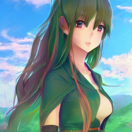 Prompt: anime girl in beautiful green valley and blue skies, digital art by Rossdraws and Artgerm.