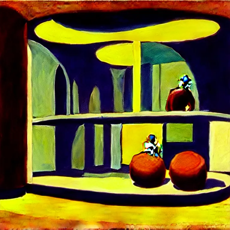 Image similar to round metaballs belting together and dripping on the floor, painted by Edward Hopper, painted by James Gilleard, surrealism, airbrush