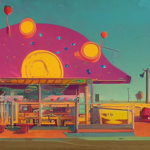 Prompt: psychedelic beachfront fast food restaurant by simon stalenhag