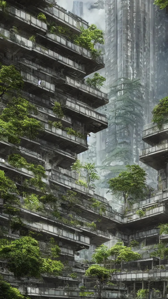 Prompt: photo in style of hiroshige and piranesi. biopunk timber brutalist futuristic building in a urban setting. ultrarealistic. mossy buildings have deep tall balconies with plants, trees, and many people. thin random columns, large windows, deep overhangs. greeble. 8 k, volumetric lighting.