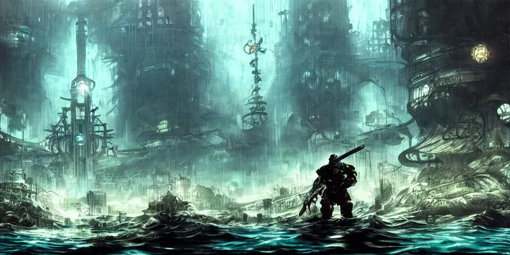 Image similar to concept art of a underwater city, bioshock style, rapture, dark atmosphere, hanafuda oil on canvas by ivan shishkin, james jean and yoji shinkawa